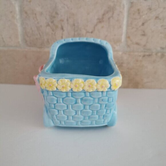 Blue Baby Carriage Ceramic Planter Vintage Nursery Decor Baby Shower Gift - Picture 3 of 10